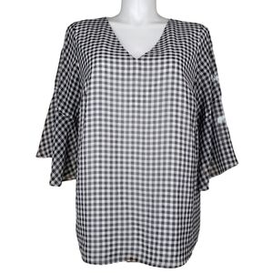 Calvin Klein | Black White Gingham Chiffon 3/4 Bell Sleeve Blouse Women Plus 0X